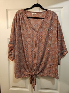 Max Studio Orange Printed Tie-Front Blouse